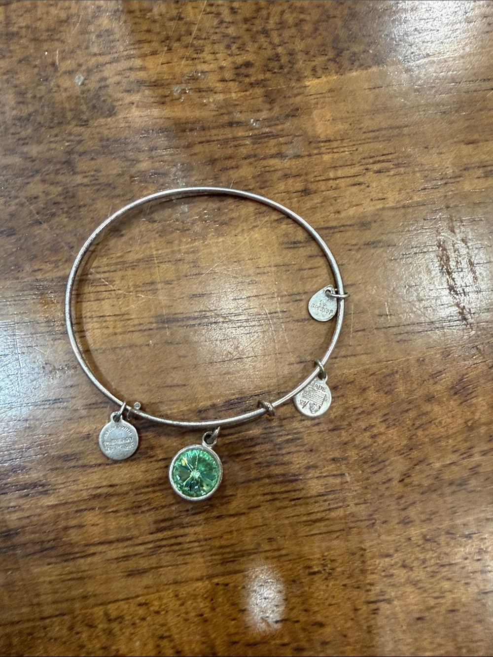 Alex and Ani Silver Bangle with Green Crystal Charm